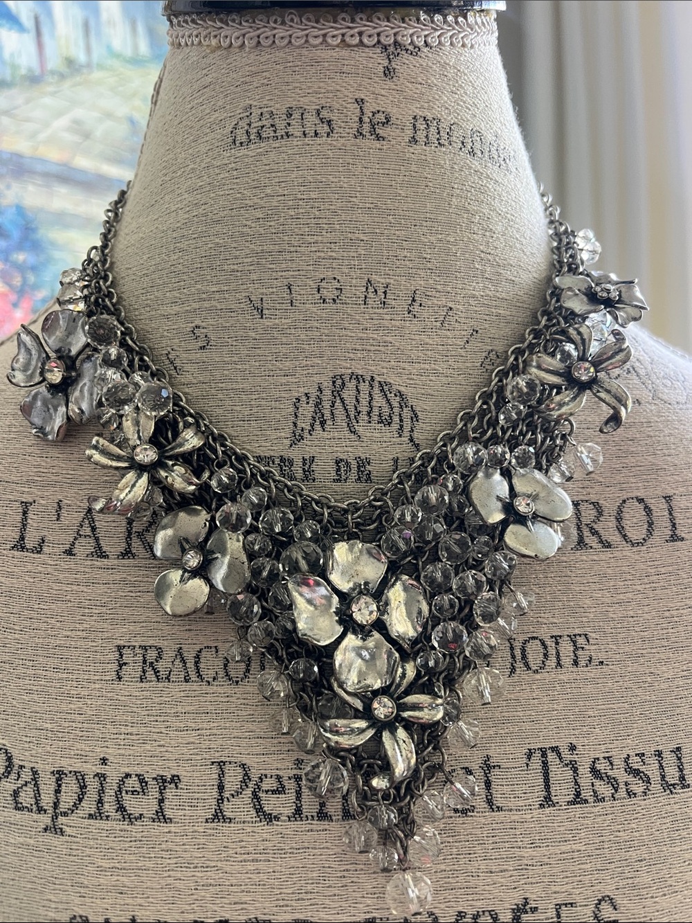 Silver tone adjustable chain statement necklace  metal flowers & rhinestones